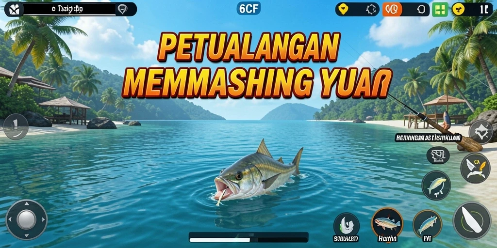 Gameplay seru di 6CF dengan berbagai lokasi dan ikan menunggu untuk ditangkap.