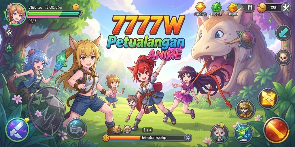 Tampilan gameplay seru dalam 7777W dengan karakter anime.