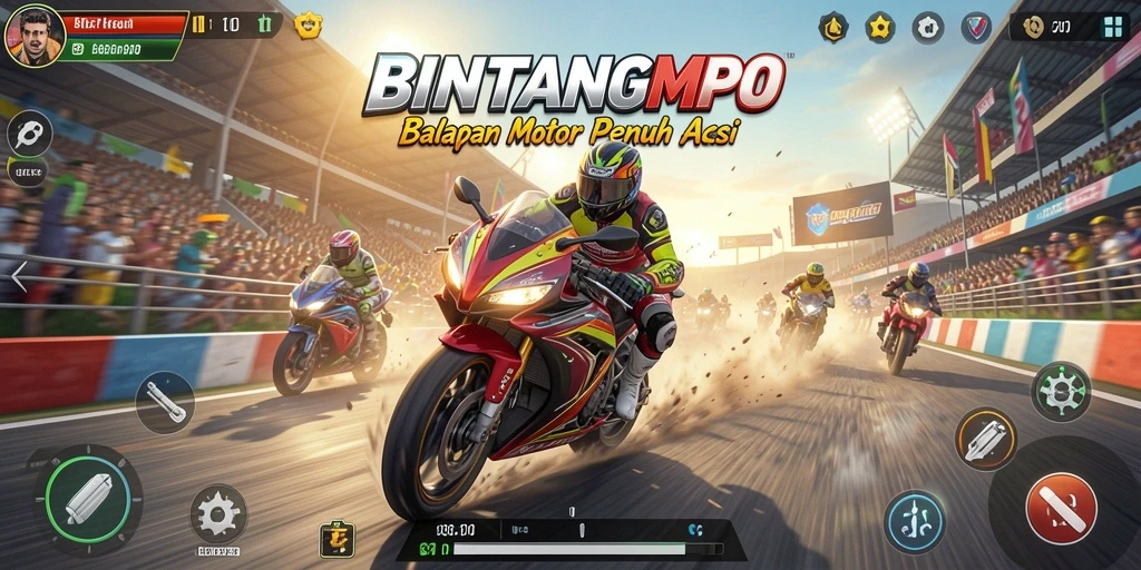 Screenshot BINTANGMPO menunjukkan aksi balapan motor yang intens dan mendebarkan.