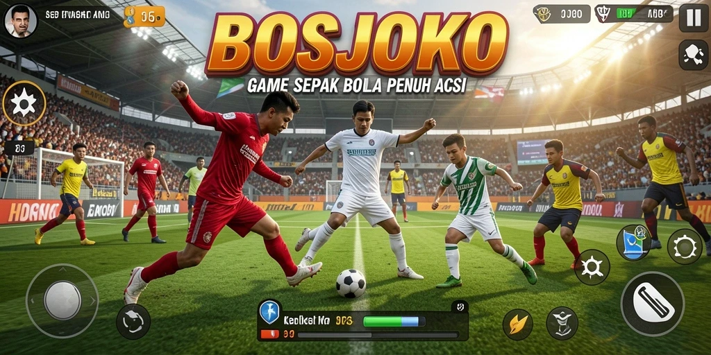 Tangkapan layar gameplay BOSJOKO menampilkan aksi seru di lapangan.