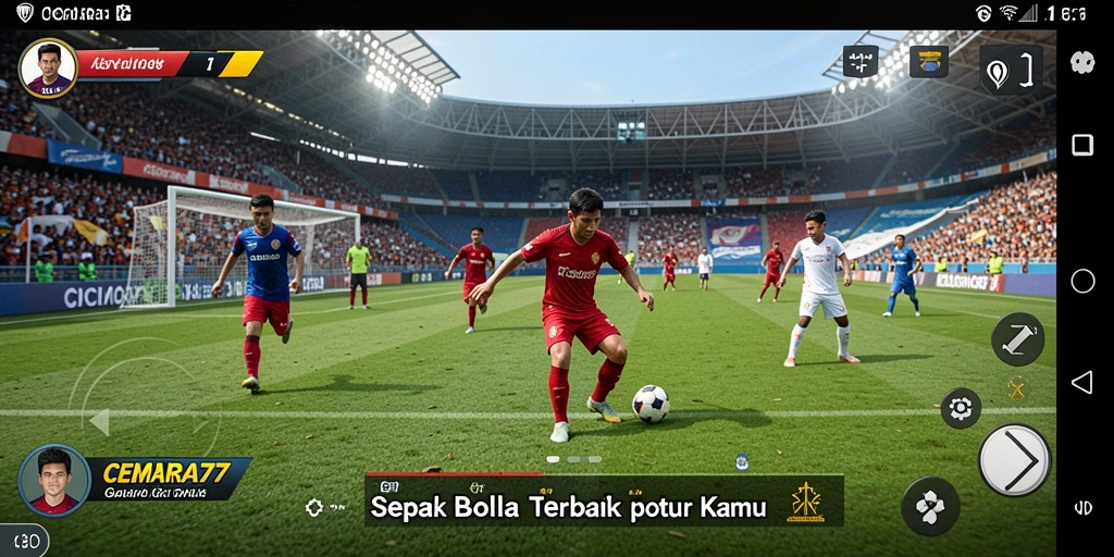 Screenshot CEMARA77 menampilkan aksi seru di lapangan sepak bola.