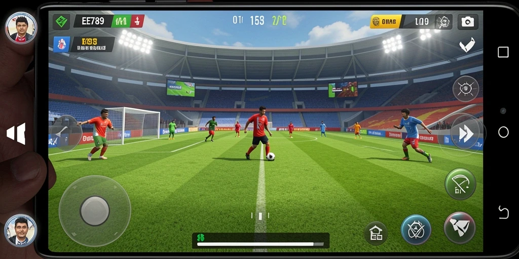Screenshot dari gameplay mendebarkan EE789 yang menunjukkan aksi di lapangan sepak bola.