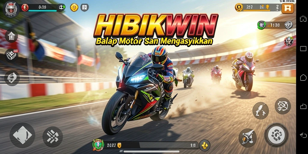 Screenshot HIBIKWIN menampilkan aksi balapan motor penuh adrenalin.