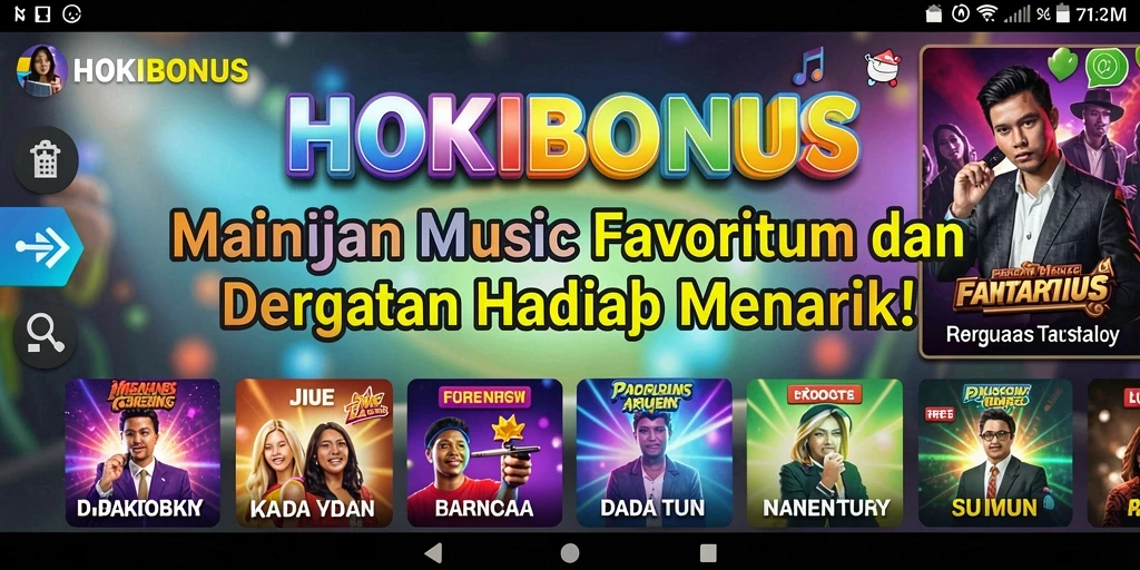 Tampilan gameplay HOKIBONUS dengan berbagai lagu dan tantangan interaktif.