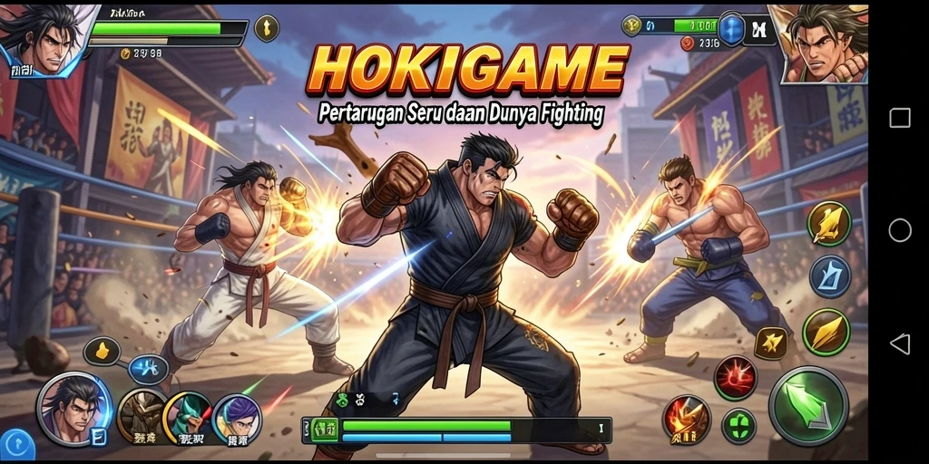 Gameplay HOKIGAME menunjukkan pertarungan yang penuh aksi dan karakter menarik.