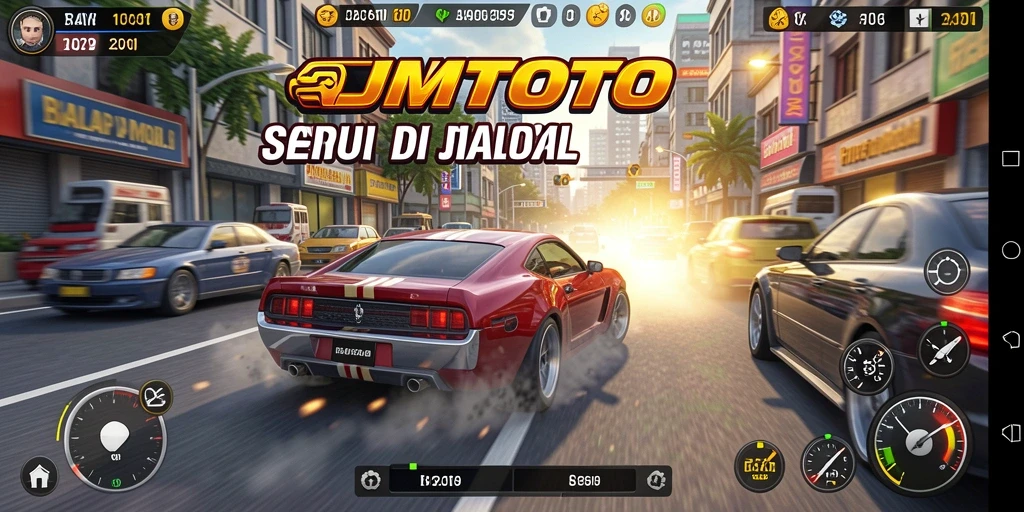 Tampilan gameplay <strong>JMTOTO</strong> menampilkan aksi balap yang seru dan mendebarkan.