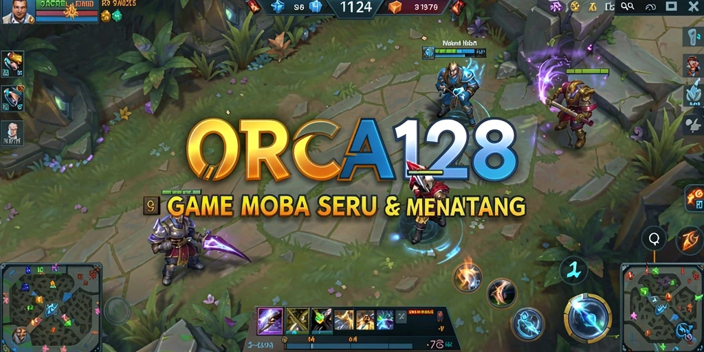 Screenshot gameplay ORCA128 menampilkan aksi pertarungan MOBA yang intens.
