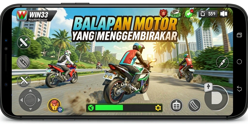 Screenshot utama WIN33 yang menampilkan gameplay seru balapan motor.