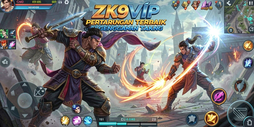 Screenshot ZK9VIP menunjukkan pertarungan intens dengan efek visual menakjubkan.